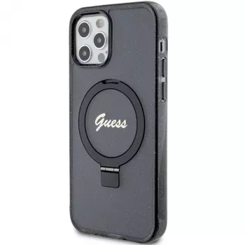Guess GUHMP12MHRSGSK iPhone 12/12 Pro 6.1 Hard Case Ring Stand Script Glitter MagSafe Schwarz