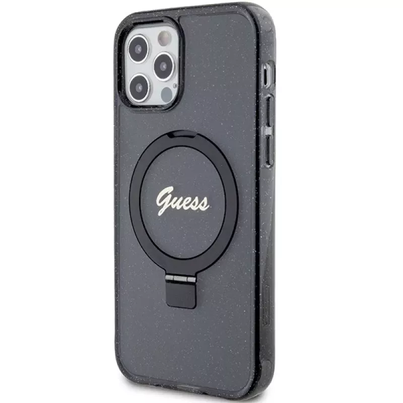 Guess GUHMP12MHRSGSK iPhone 12/12 Pro 6.1 Hard Case Ring Stand Script Glitter MagSafe Schwarz