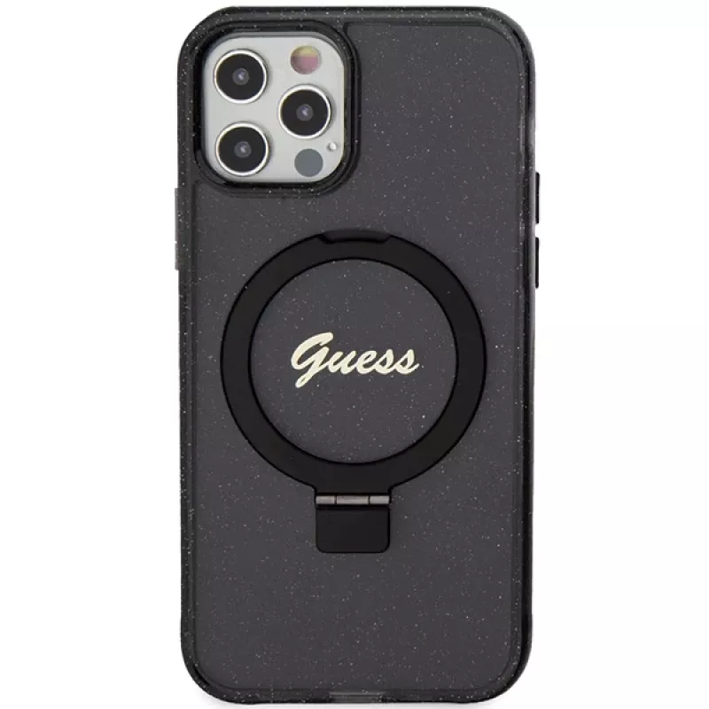 Guess GUHMP12MHRSGSK iPhone 12/12 Pro 6.1 Hard Case Ring Stand Script Glitter MagSafe Schwarz