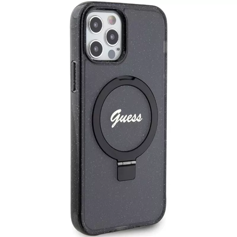 Guess GUHMP12MHRSGSK iPhone 12/12 Pro 6.1 Hard Case Ring Stand Script Glitter MagSafe Schwarz