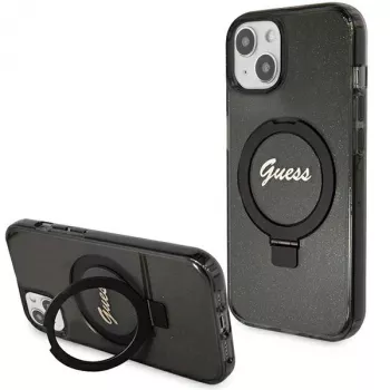 Guess GUHMP13MHRSGSK iPhone 13/14/15 6,1 inch Black Hard Case with Ring Stand, Script Glitter, MagSafe