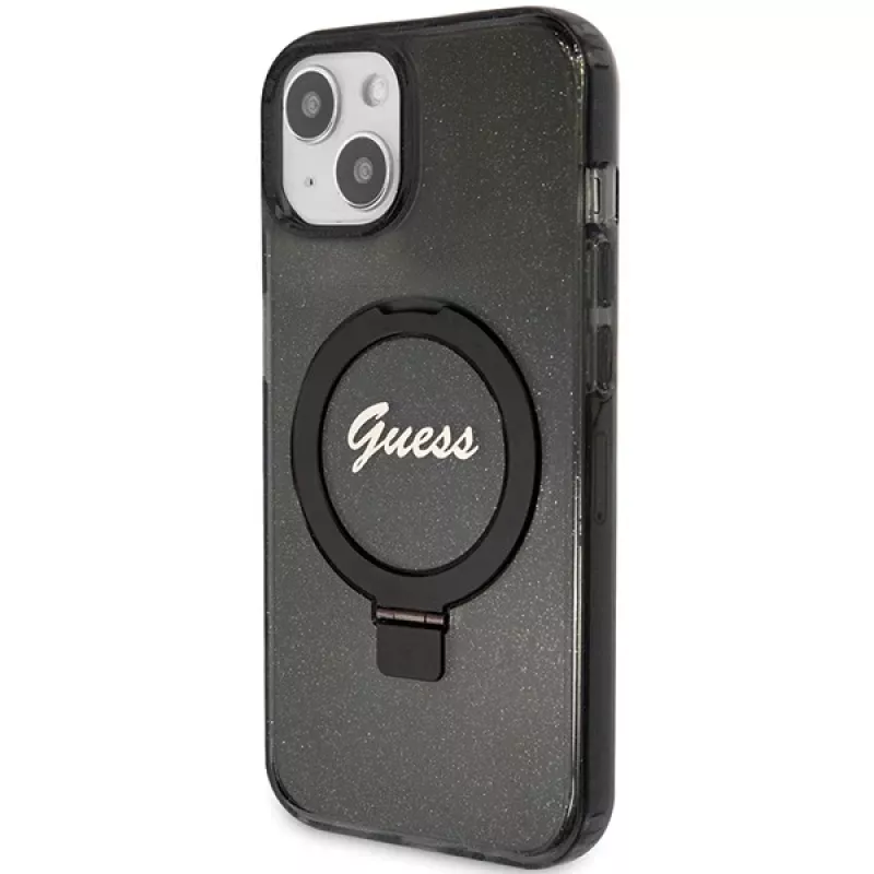 Guess GUHMP13MHRSGSK iPhone 13/14/15 6,1 inch Black Hard Case with Ring Stand, Script Glitter, MagSafe