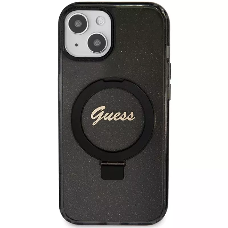 Guess GUHMP13MHRSGSK iPhone 13/14/15 6,1 inch Black Hard Case with Ring Stand, Script Glitter, MagSafe