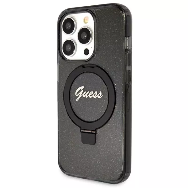 Guess GUHMP13XHRSGSK iPhone 13 Pro Max 6,7 inch Black Hardcase Ring Stand Script Glitter MagSafe