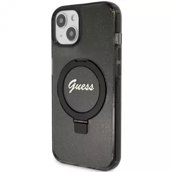 Guess GUHMP14SHRSGSK iPhone 14 / 15 / 13 6,1 inch Black Hardcase Ring Stand Script Glitter MagSafe