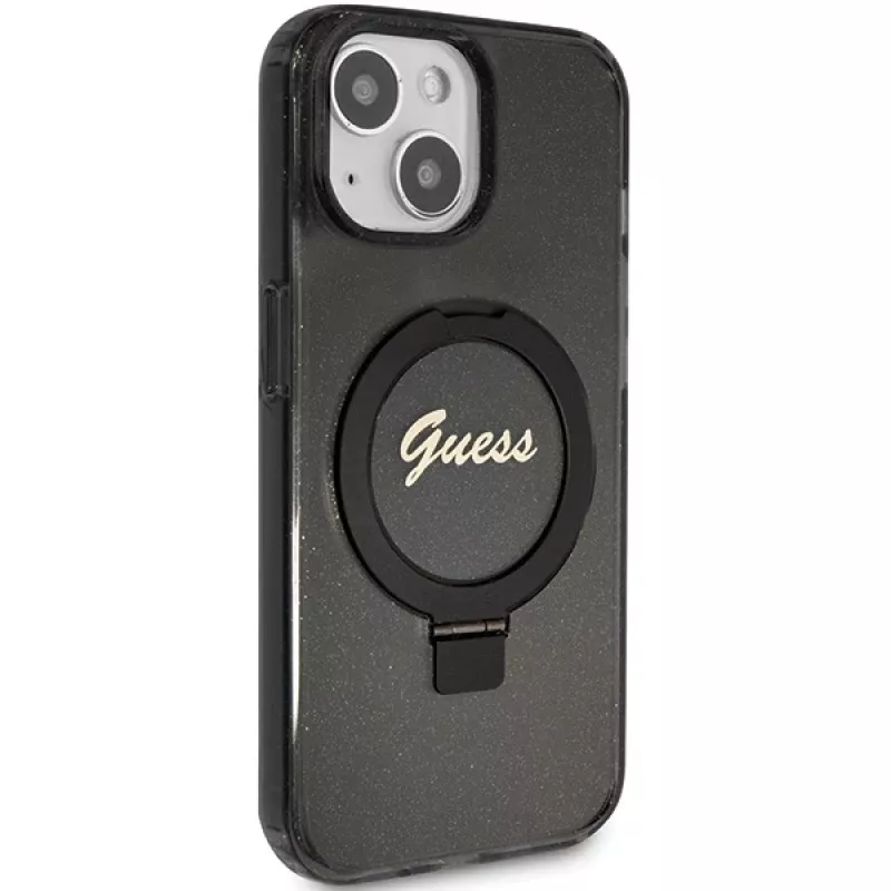 Guess GUHMP14SHRSGSK iPhone 14 / 15 / 13 6,1 inch Black Hardcase Ring Stand Script Glitter MagSafe