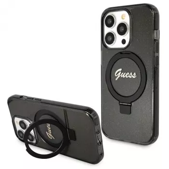 Guess GUHMP14LHRSGSK iPhone 14 Pro 6.1 Hardcase Ring Stand Script Glitter MagSafe Schwarz