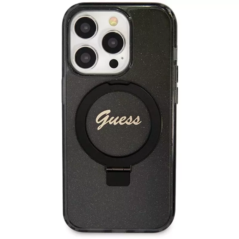 Guess GUHMP14XHRSGSK iPhone 14 Pro Max 6.7 Black Hardcase Ring Stand Script Glitter MagSafe