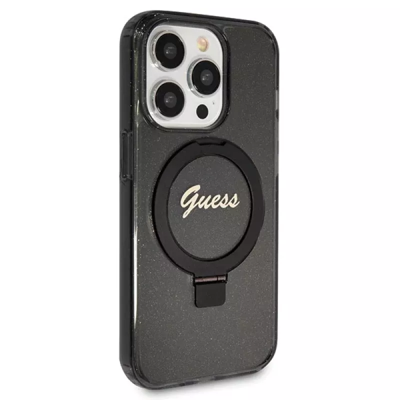 Guess GUHMP14XHRSGSK iPhone 14 Pro Max 6.7 Black Hardcase Ring Stand Script Glitter MagSafe