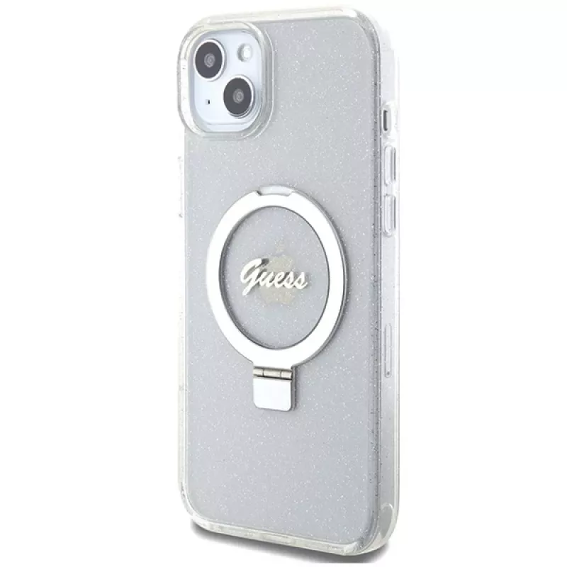Guess GUHMP15MHRSGSD iPhone 15 Plus / 14 Plus 6,7 inch Transparente Hardcase Ring Stand Script Glitter MagSafe