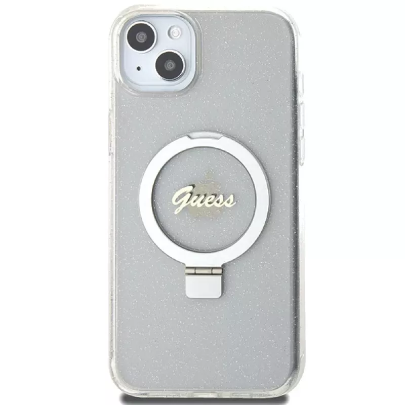 Guess GUHMP15MHRSGSD iPhone 15 Plus / 14 Plus 6,7 inch Transparente Hardcase Ring Stand Script Glitter MagSafe