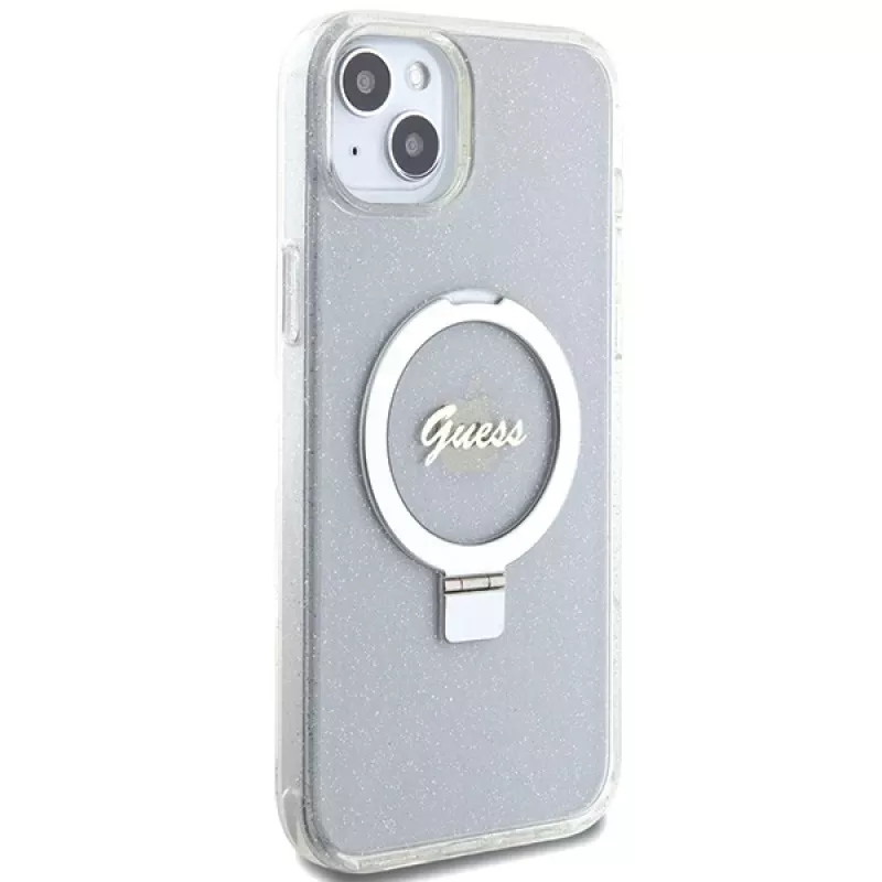Guess GUHMP15MHRSGSD iPhone 15 Plus / 14 Plus 6,7 inch Transparente Hardcase Ring Stand Script Glitter MagSafe