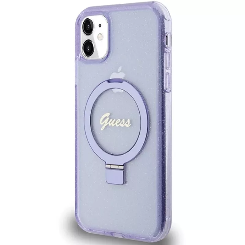 Guess GUHMN61HRSGSU iPhone 11 / XR 6,1 inch Purple Hardcase Ring Stand Script Glitter MagSafe