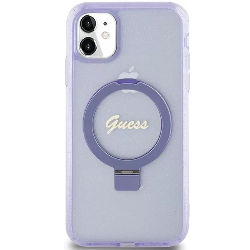 Guess GUHMN61HRSGSU iPhone 11 / XR 6,1 inch Purple Hardcase Ring Stand Script Glitter MagSafe