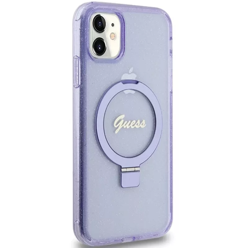 Guess GUHMN61HRSGSU iPhone 11 / XR 6,1 inch Purple Hardcase Ring Stand Script Glitter MagSafe