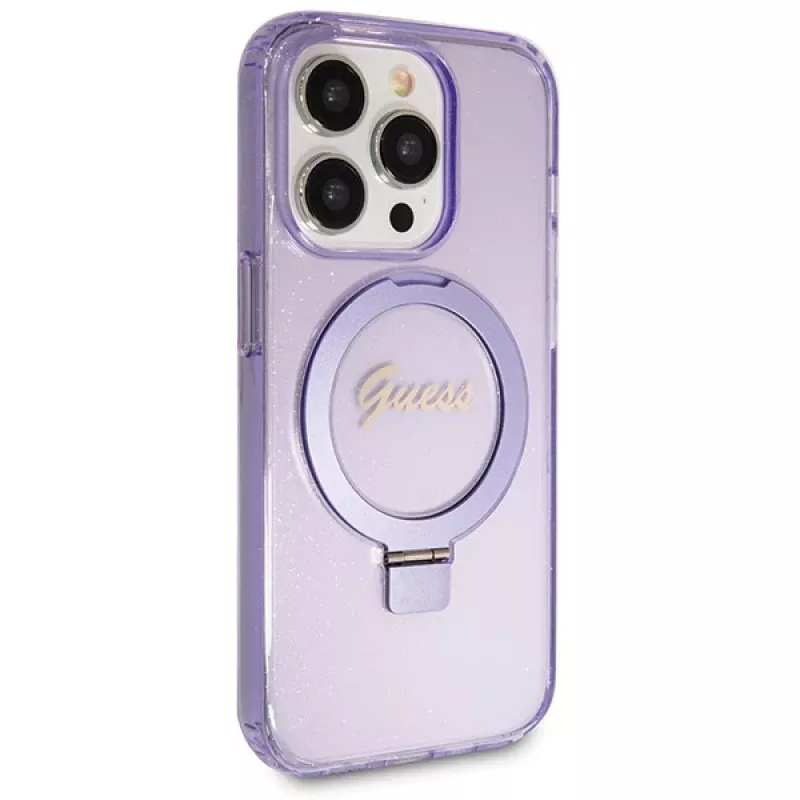 Guess GUHMP13LHRSGSU iPhone 13 Pro / 13 6,1 inch Purple Hardcase Ring Stand Script Glitter MagSafe
