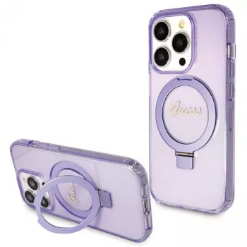 Guess GUHMP13XHRSGSU iPhone 13 Pro Max 6,7 inch Lila Hartschale mit Ringhalterung Script Glitter MagSafe