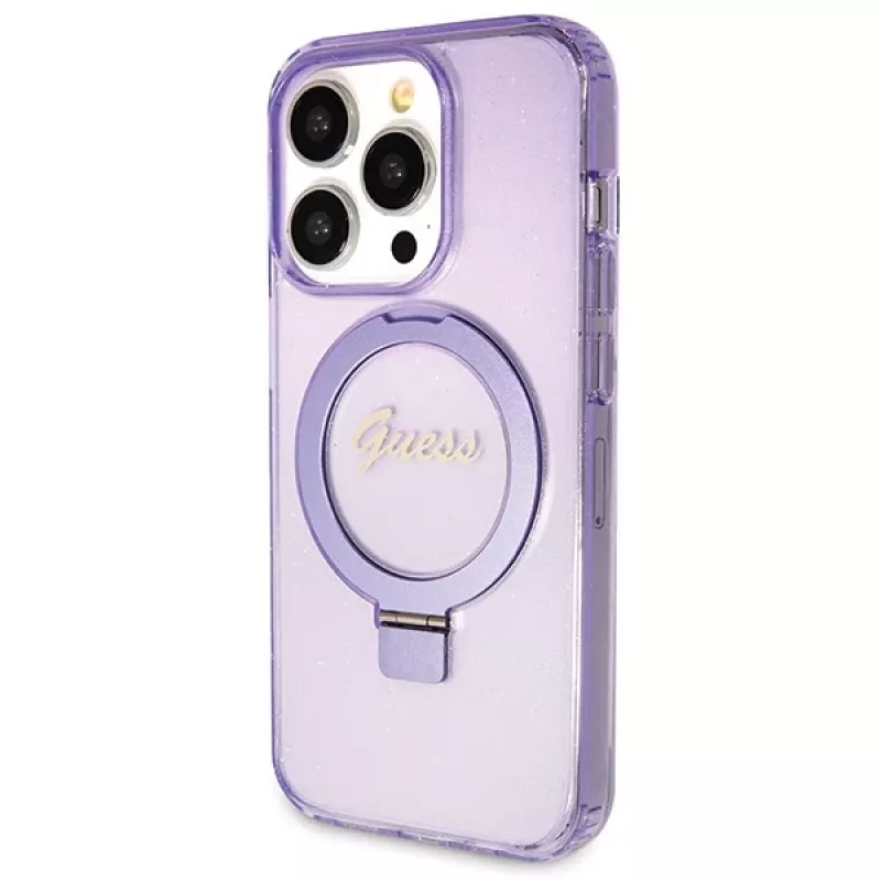 Guess GUHMP14LHRSGSU iPhone 14 Pro 6.1 Hardcase Ring Stand Script Glitter MagSafe Purple