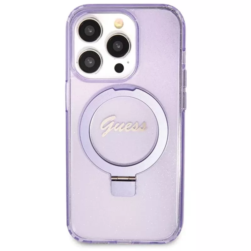 Guess GUHMP14XHRSGSU iPhone 14 Pro Max 6,7 inch Lila Hardcase Ringhalterung Script Glitter MagSafe