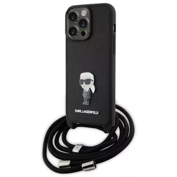 Karl Lagerfeld KLHCP15XSASKNPSK Hard Case für iPhone 15 Pro Max 6,7 inch Schwarz Crossbody Saffiano Monogram Metallpin Karl & Choupette