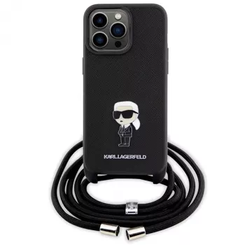 Karl Lagerfeld KLHCP15XSASKNPSK Hard Case für iPhone 15 Pro Max 6,7 inch Schwarz Crossbody Saffiano Monogram Metallpin Karl & Choupette