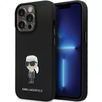 Karl Lagerfeld KLHCP14XSMHKNPK Silicone Ikonik Metal Pin Back Cover für Apple iPhone 14 Pro Max 6,7 Schwarz