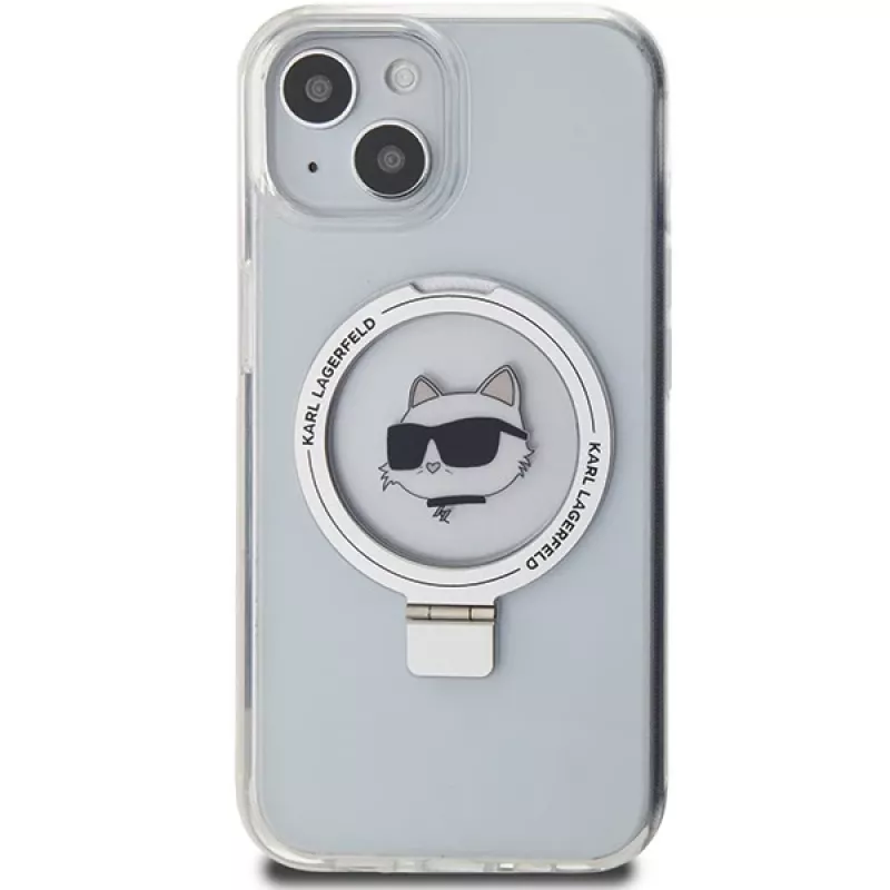 Karl Lagerfeld KLHMP15SHMRSCHH iPhone 15 / 14 / 13 6,1 inch Weiße Hartschale mit Ringhalterung Choupette Head MagSafe