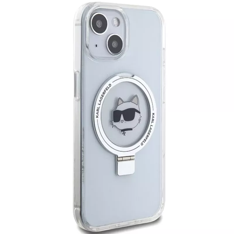Karl Lagerfeld KLHMP15SHMRSCHH iPhone 15 / 14 / 13 6,1 inch Weiße Hartschale mit Ringhalterung Choupette Head MagSafe