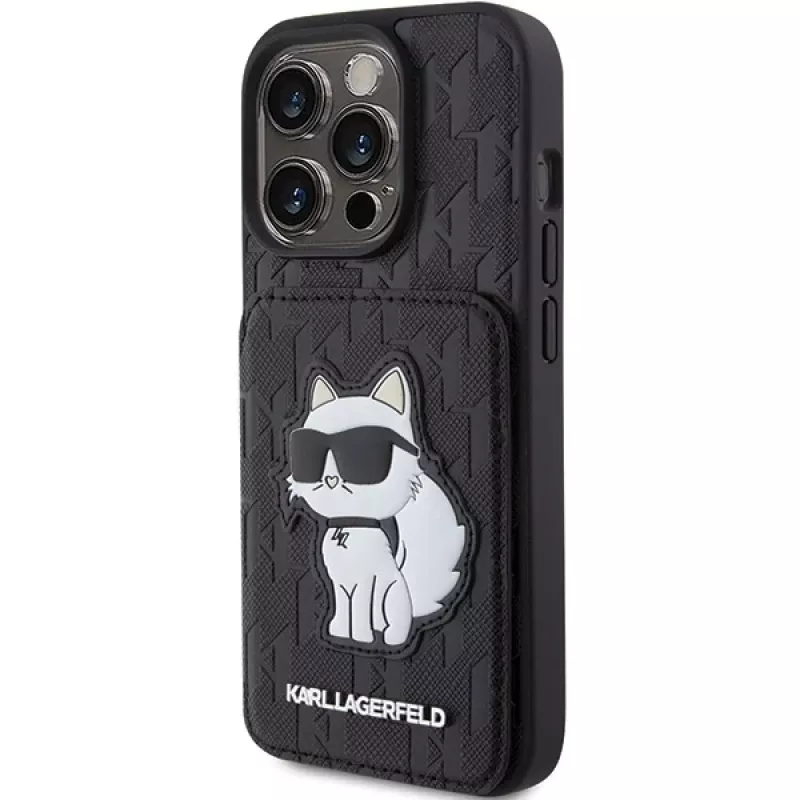 Karl Lagerfeld KLHCP15LSAKCNSCK iPhone 15 Pro 6,1 Schwarz Hardcase Saffiano Kartenfächer und Standfuß Monogram Choupette