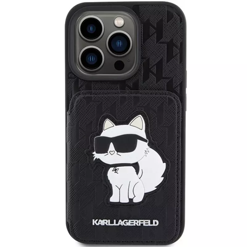 Karl Lagerfeld KLHCP15LSAKCNSCK iPhone 15 Pro 6,1 Schwarz Hardcase Saffiano Kartenfächer und Standfuß Monogram Choupette