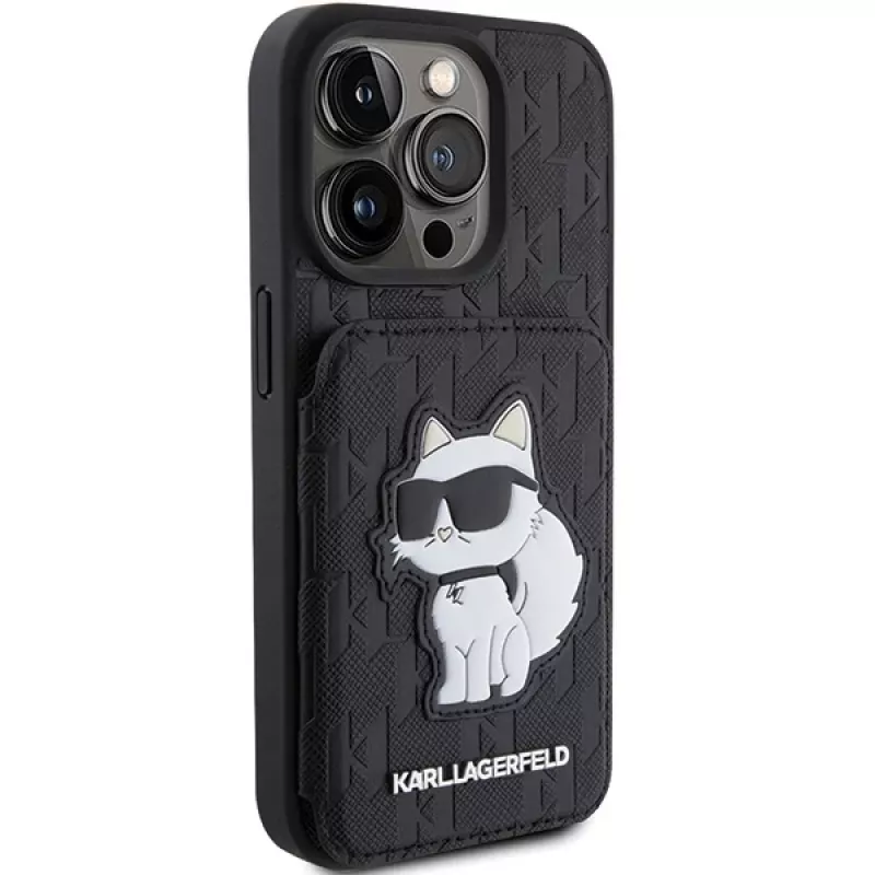 Karl Lagerfeld KLHCP15LSAKCNSCK iPhone 15 Pro 6,1 Schwarz Hardcase Saffiano Kartenfächer und Standfuß Monogram Choupette