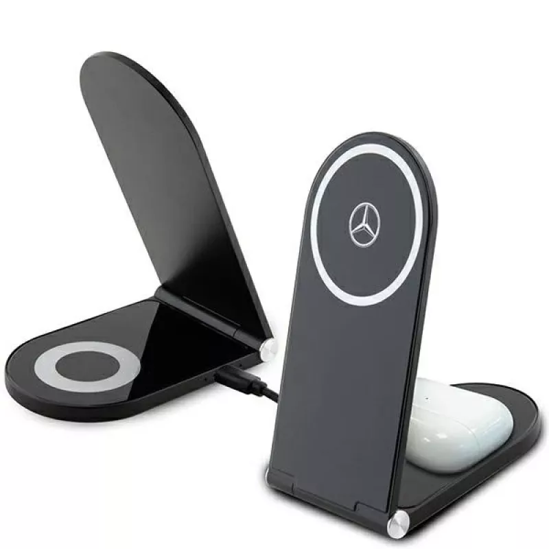 Mercedes-Benz Foldable 2-in-1 Wireless Charging Stand 15W Black Silver Star MagSafe