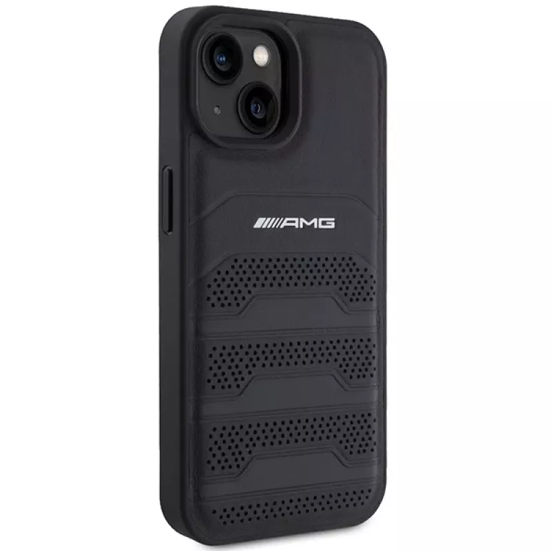 AMG AMHCP15MGSEBK Hardcase Leder Etui mit geprägten Linien für iPhone 15 Plus / 14 Plus 6,7 inch Schwarz