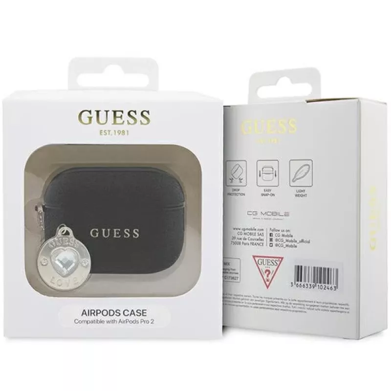 Guess GUAP2PGEHCDK AirPods Pro 2 (2022/2023) Cover Black Fixed Glitter Heart Diamond Charm