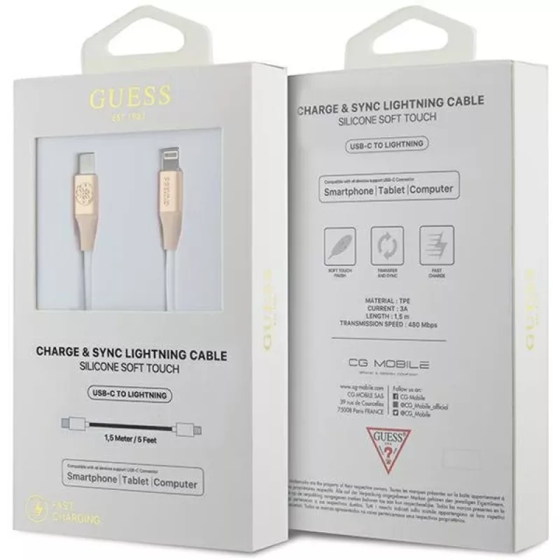 Guess GUCLLALRGDD USB-C auf Lightning Kabel 1,5 m Schnellladung Hellgold mit geprägtem Logo