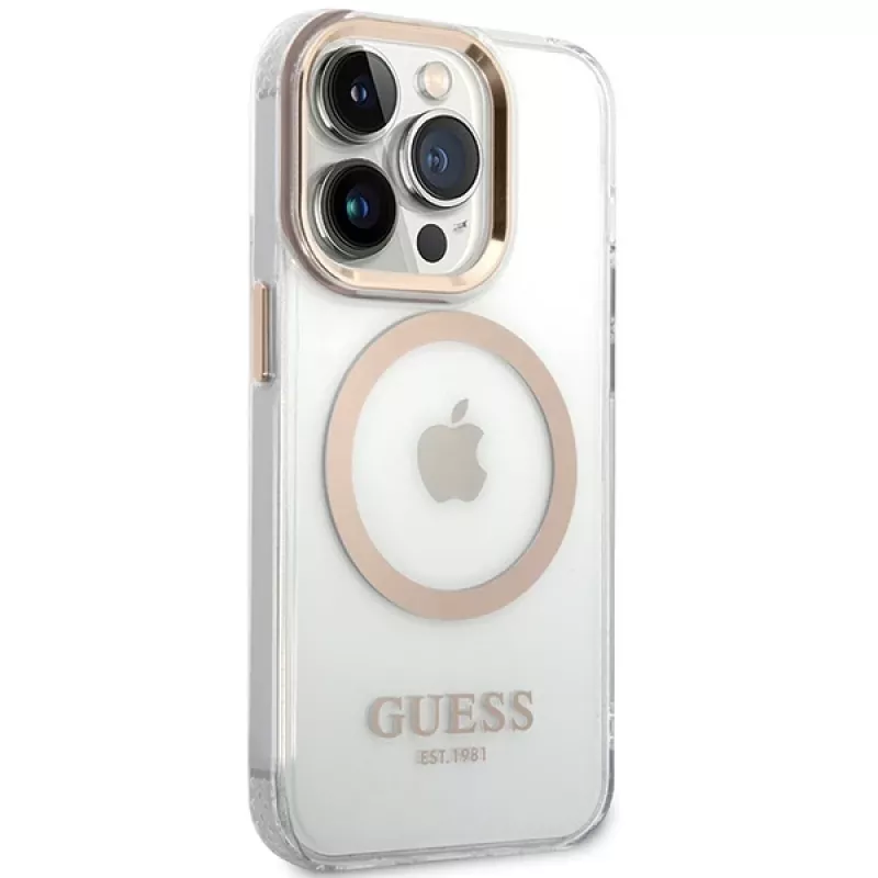 Guess GUHMP15SHTRMD Metal Outline Hard Case für iPhone 15/14/13, Gold, MagSafe
