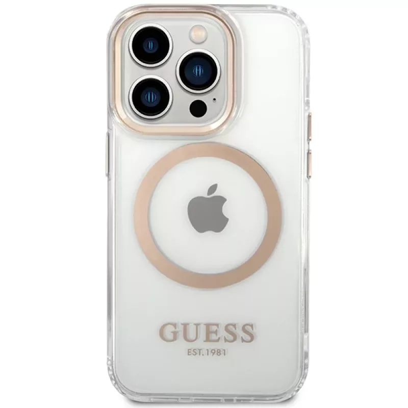 Guess GUHMP15XHTRMD Metal Outline Hard Case für Apple iPhone 15 Pro Max, Gold, MagSafe-kompatibel