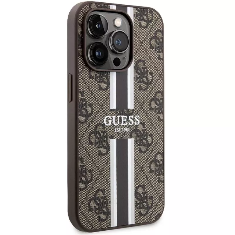 Guess GUHMP15LP4RPSW iPhone 15 Pro 6,1 inch Hard Case Braun Bedruckte Streifen MagSafe