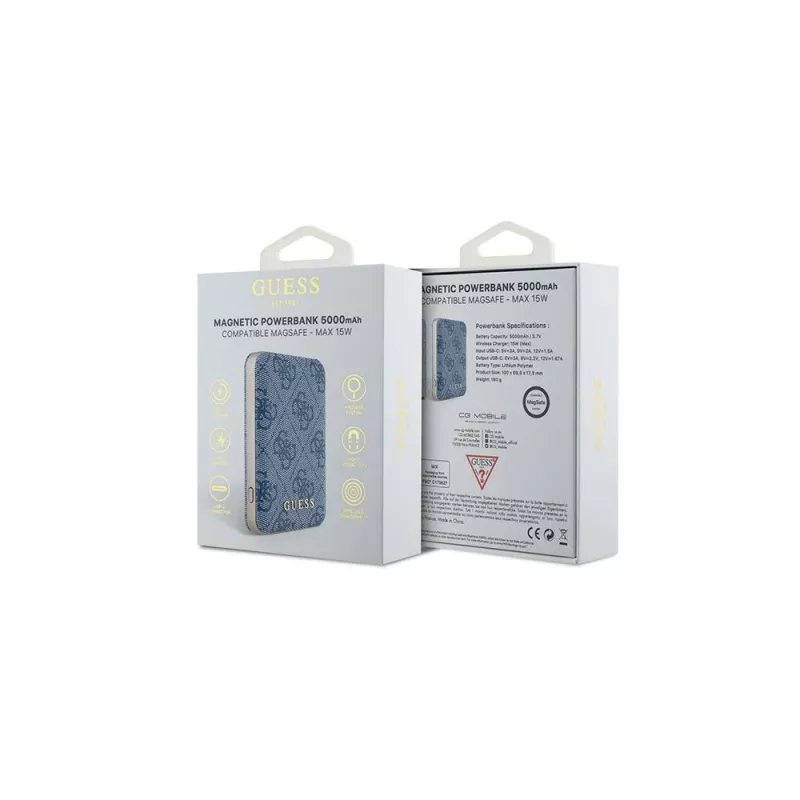 Guess Wireless Power Bank 5000mAh Blau 4G Leder Metal Logo MagSafe 15W