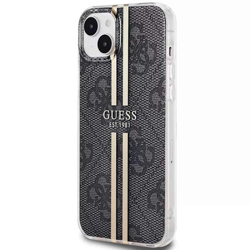 Guess GUHCP15MH4PSEGK Hard Case für Apple iPhone 15 Plus / 14 Plus 6,7 inch Schwarz 4G Gold Streifen
