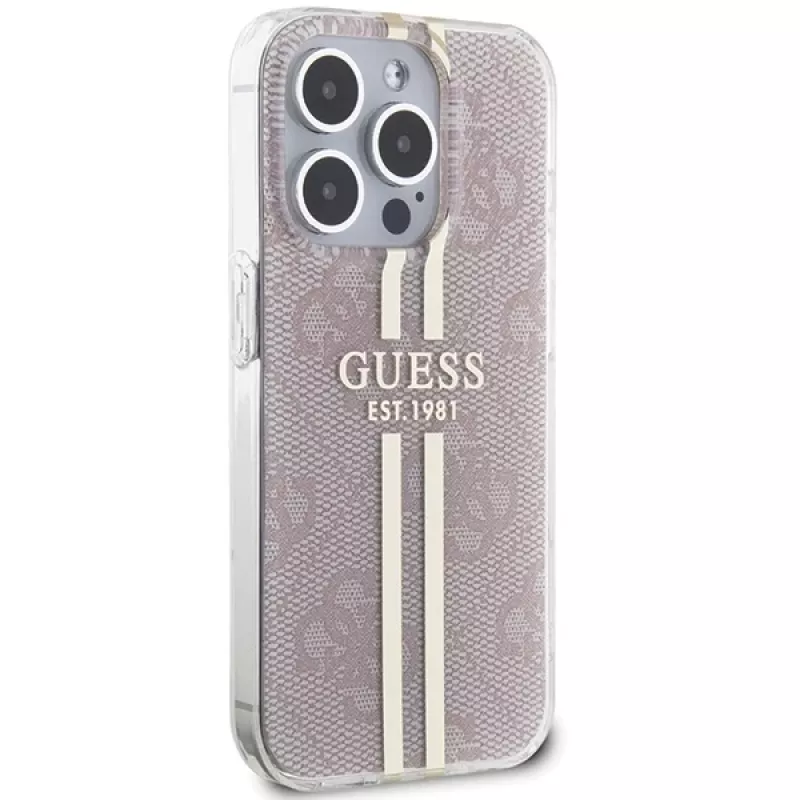 Guess GUHCP15LH4PSEGP iPhone 15 Pro 6,1 inch Pink Hardcase IML 4G Gold Stripe