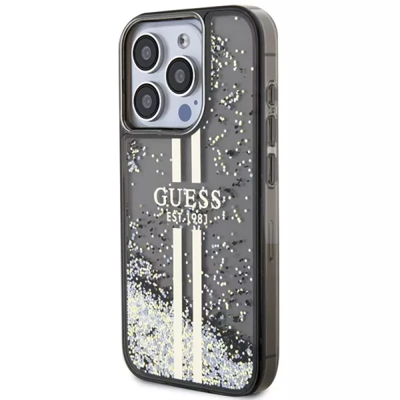 Guess GUHCP15LLFCSEGK iPhone 15 Pro 6.1 Hard Case Liquid Glitter Gold Stripes Black
