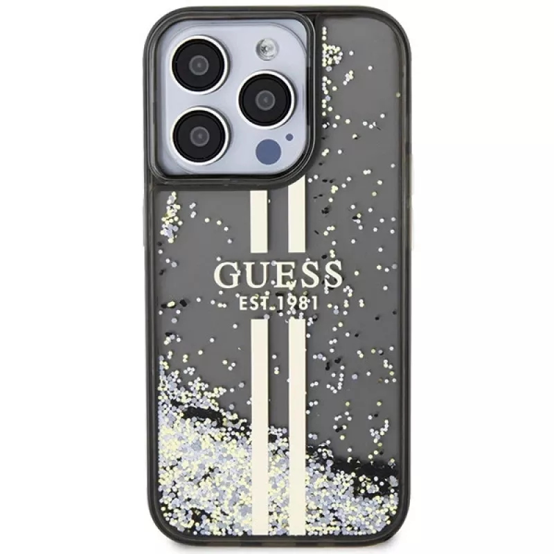 Guess GUHCP15LLFCSEGK iPhone 15 Pro 6.1 Hard Case Liquid Glitter Gold Stripes Black