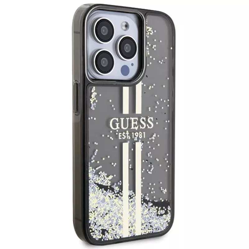 Guess GUHCP15LLFCSEGK iPhone 15 Pro 6.1 Hard Case Liquid Glitter Gold Stripes Black