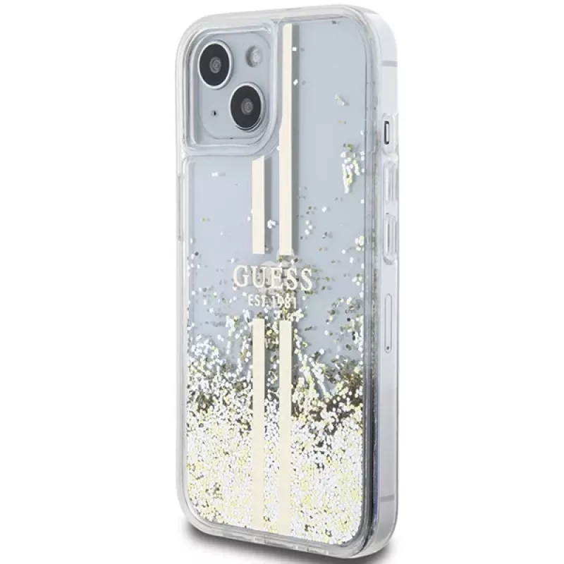 Guess GUHCP15MLFCSEGT iPhone 15 Plus / 14 Plus 6,7 inch Transparente Hartschale Liquid Glitter Gold Streifen