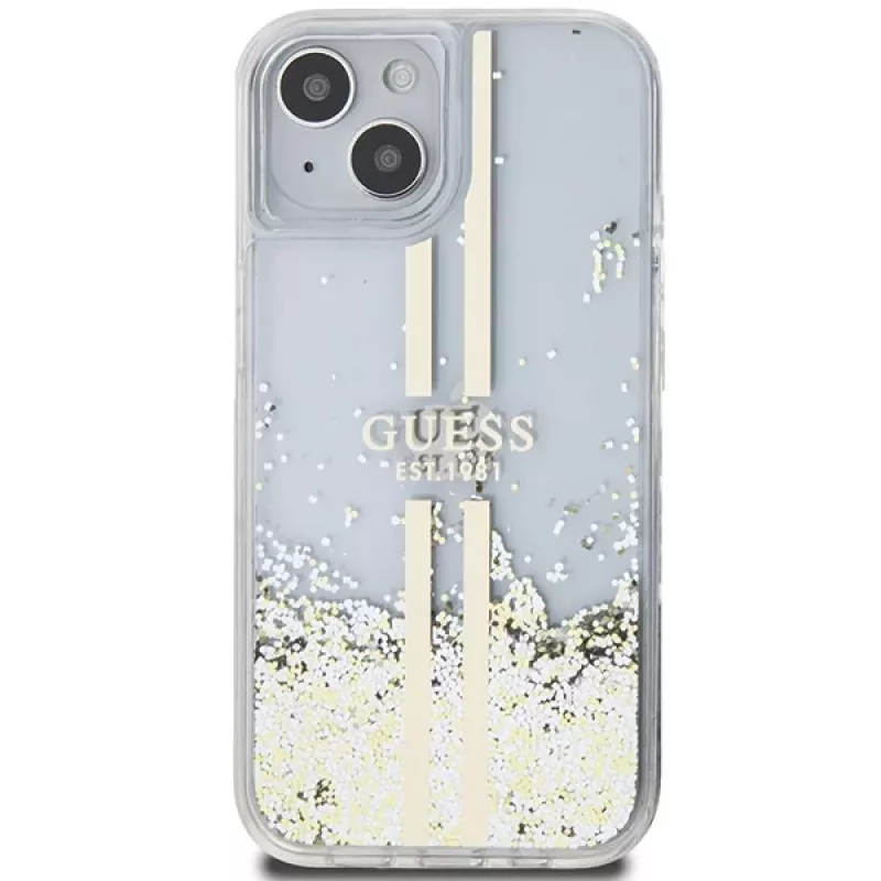 Guess GUHCP15MLFCSEGT iPhone 15 Plus / 14 Plus 6,7 inch Transparente Hartschale Liquid Glitter Gold Streifen