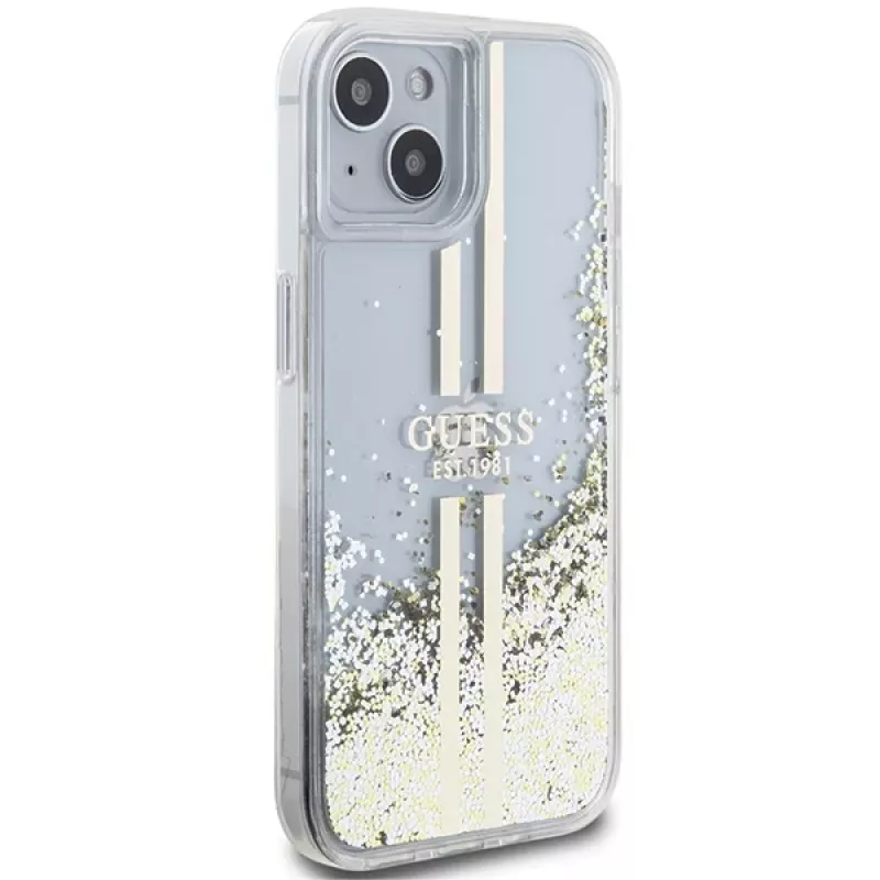 Guess GUHCP15MLFCSEGT iPhone 15 Plus / 14 Plus 6,7 inch Transparente Hartschale Liquid Glitter Gold Streifen
