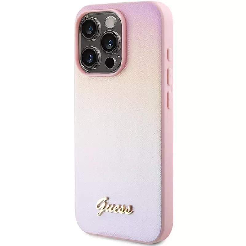 Guess Saffiano Iridescent Script Hard Case für Apple iPhone 15 Pro 6,1 inch - Pink