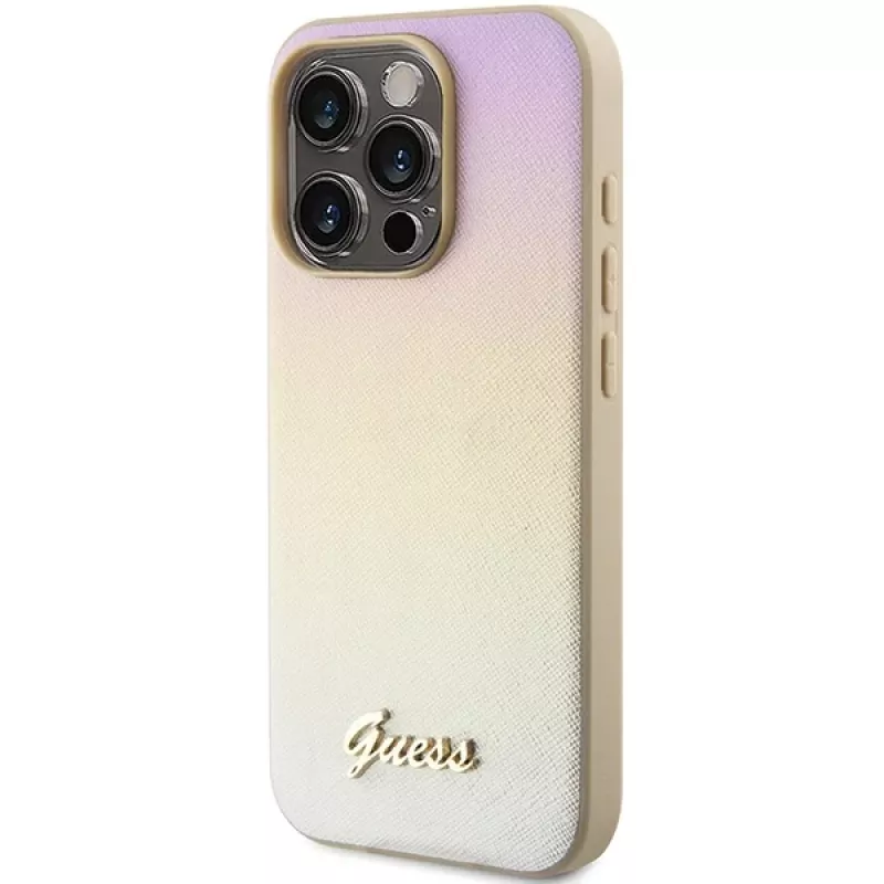 Guess GUHCP14LPSAIRSD iPhone 14 Pro 6,1 inch Gold Hard Case Saffiano Iridescent Script