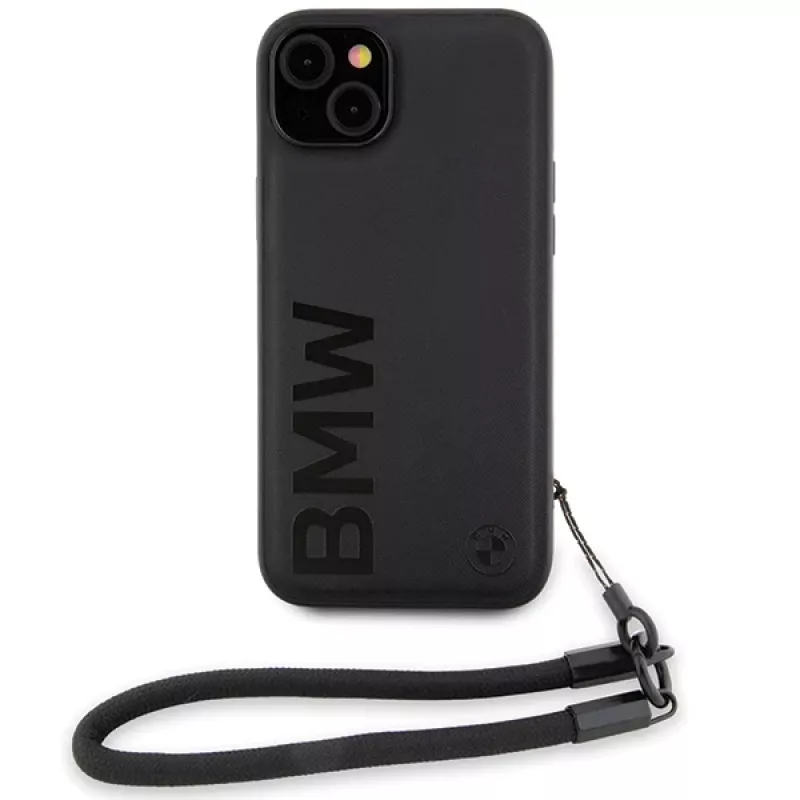 BMW Signature Leather Wordmark Cord Hard Case für iPhone 15 Plus / 14 Plus 6,7 inch - Schwarz